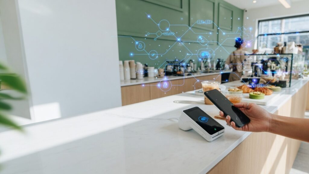 Smartphone making a contactless payment using a crypto card at a retail store