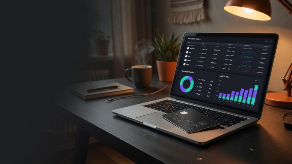 Laptop displaying crypto card spending analytics and transaction history
