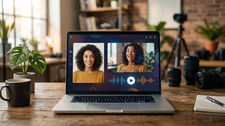 The best AI talking photo generator turning a portrait photo into a speaking avatar on a laptop screen
