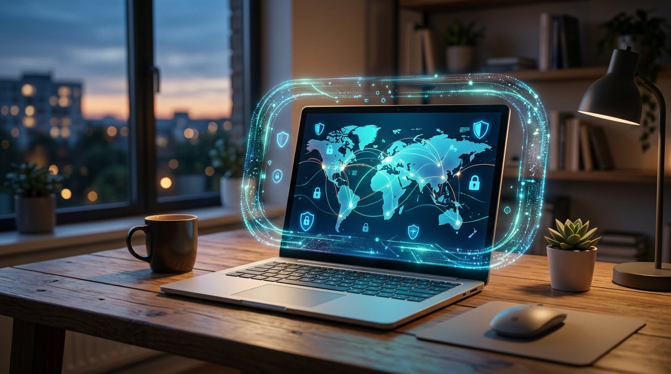 iTop VPN interface on a Windows laptop with a glowing secure shield and world map server connections