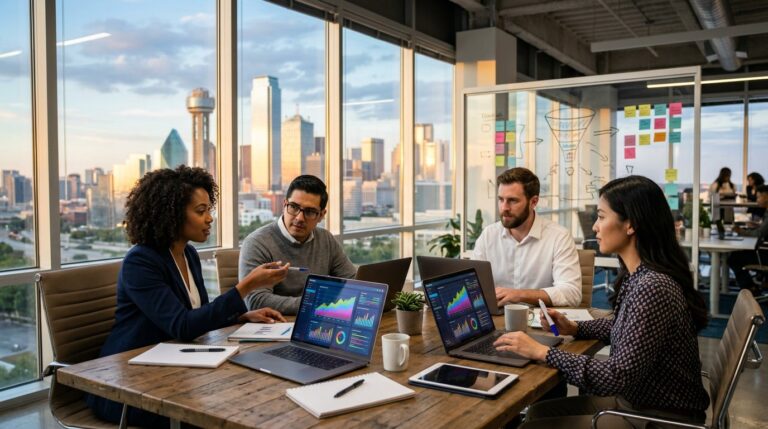 Marketing agency in Dallas strategists reviewing campaign analytics with the city skyline behind them