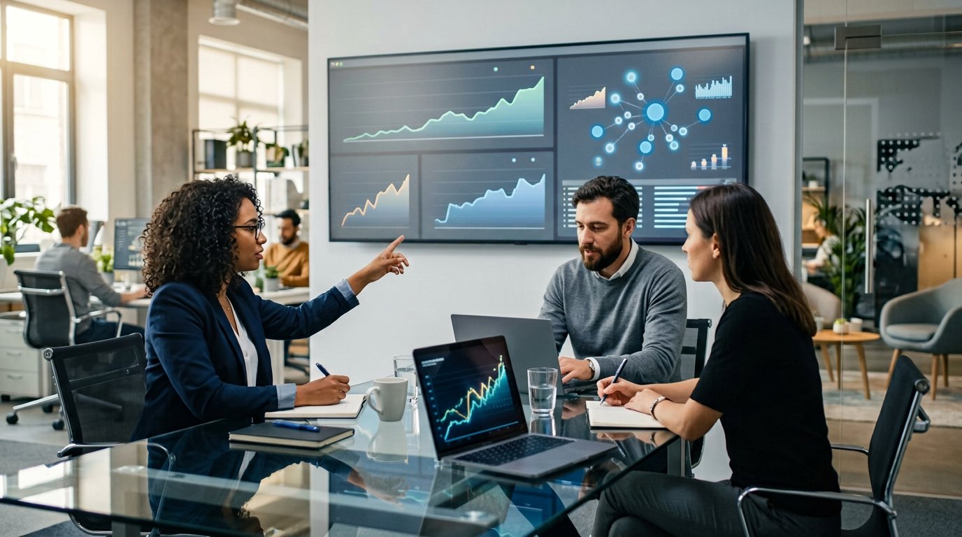 SEO company analytics dashboard with rising organic traffic charts, AI search panels, and a strategy team at work
