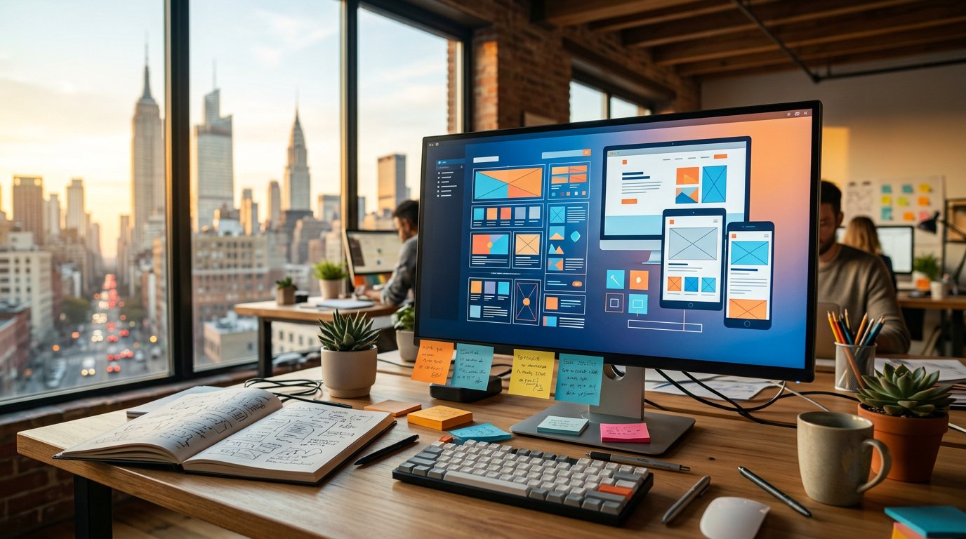 Web design NYC workspace with wireframe sketches, responsive mockups, and the Manhattan skyline in view