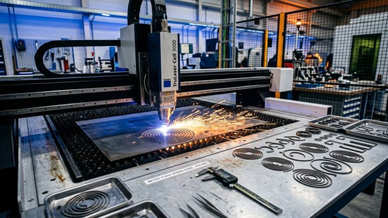 A laser cutting machine cutting a thin spring steel sheet with bright sparks beside finished custom flat springs