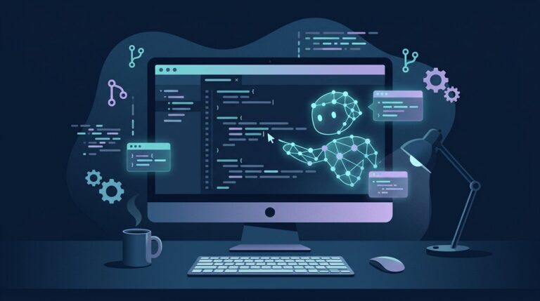 GitHub Copilot workflow showing an AI assistant reviewing code on a developer workstation