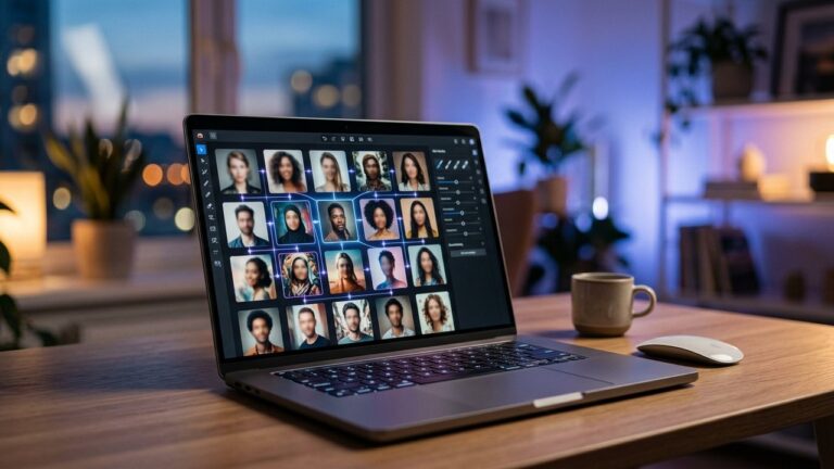 Laptop showing a photo-editing interface with a grid of portrait frames linked by soft glowing lines, representing multiple face swap editing.