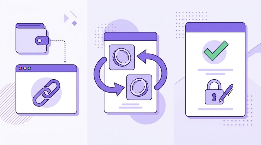 Uniswap web app steps to connect a wallet, swap tokens and confirm trades