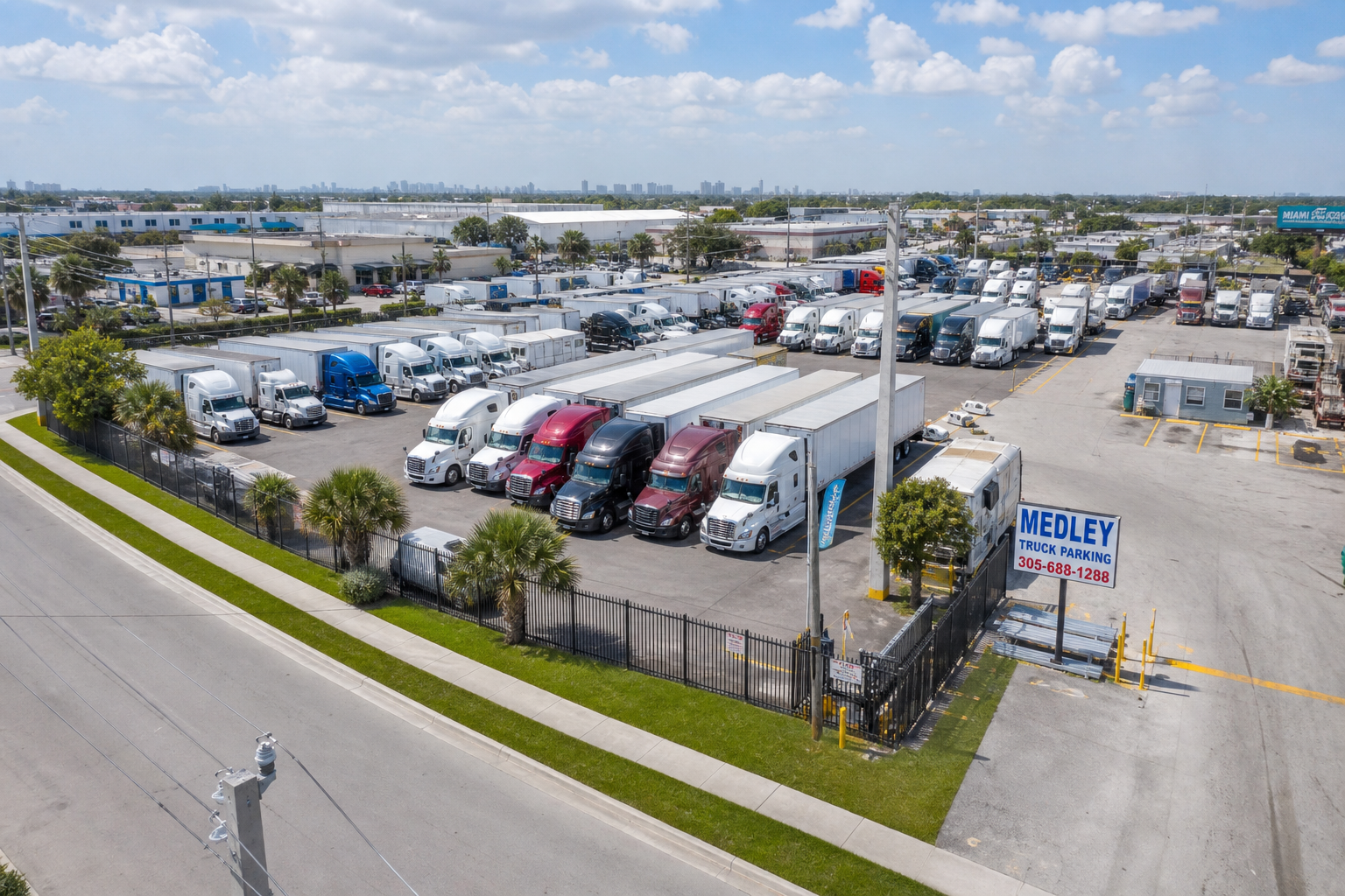 Commercial truck parking lot in Medley Florida with semi-trucks parked in rows