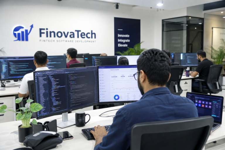 Fintech software development company team working on financial technology solutions