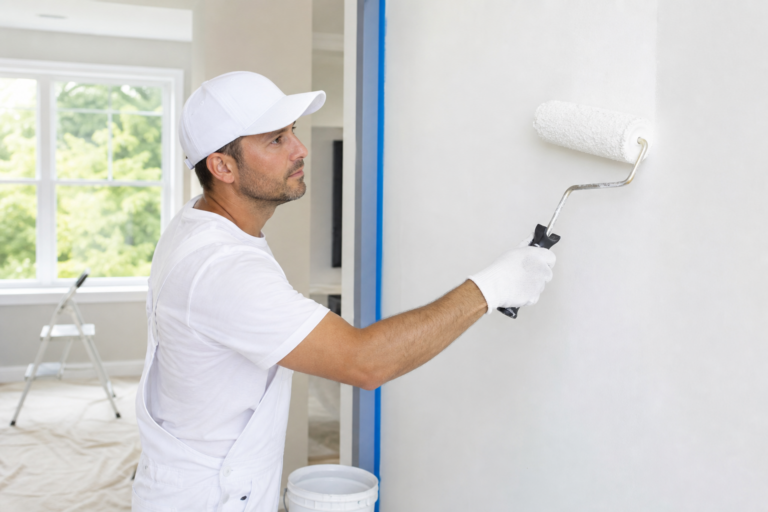 Professional house painter painting interior wall