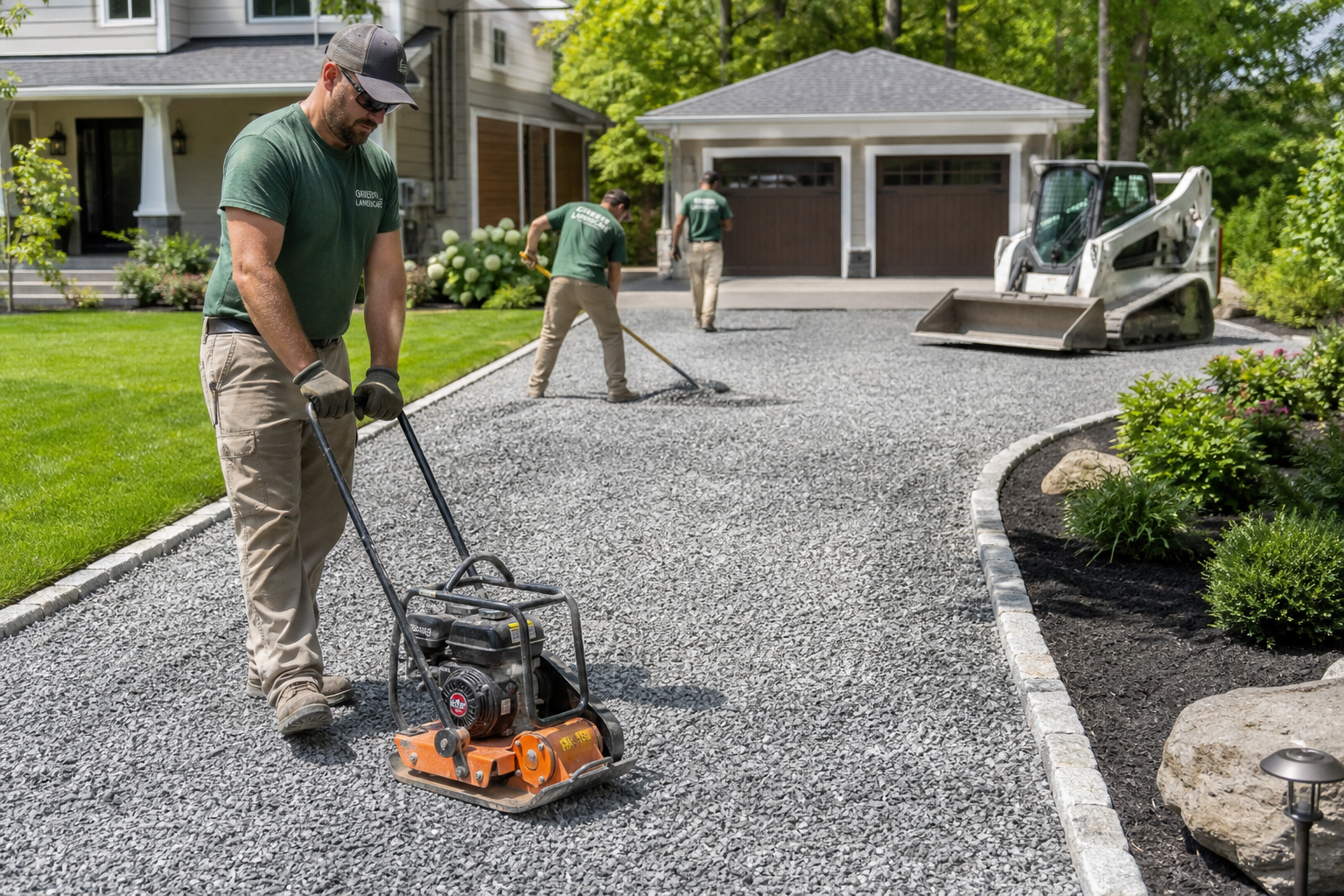 Professional gravel installation on a residential driveway with compacted crushed stone
