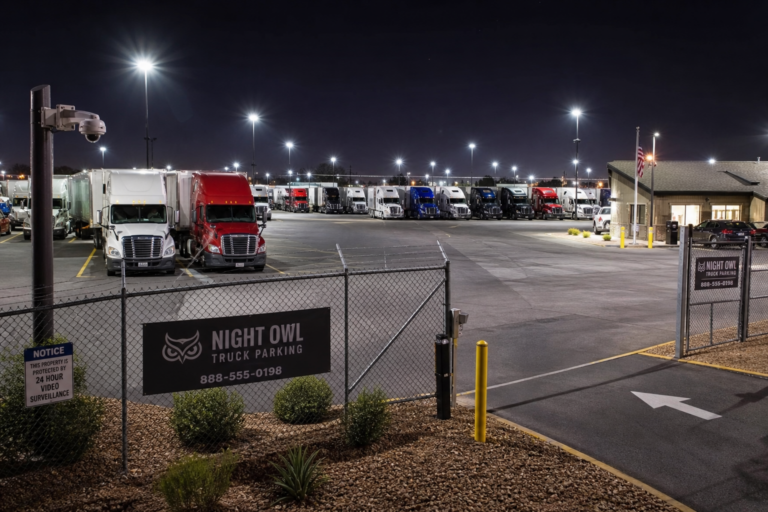 Secure overnight truck parking facility with semi-trucks parked under bright lights