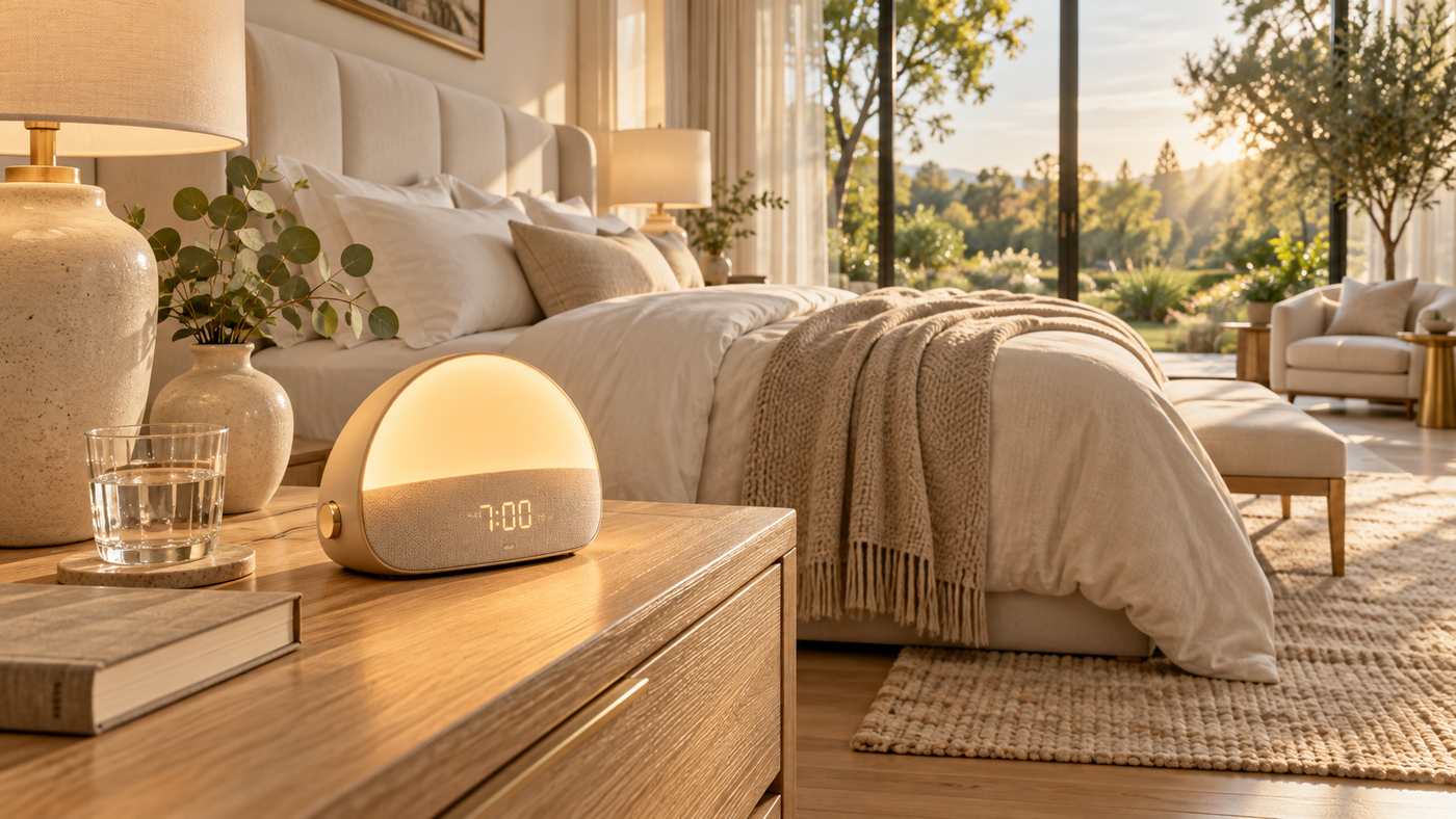 Modern sunrise alarm clock on an elegant bedside table in a luxury bedroom