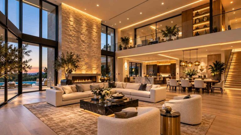 Custom architectural lighting with recessed LED fixtures, warm ceiling cove lights, and elegant accent lighting in a luxury modern living room.