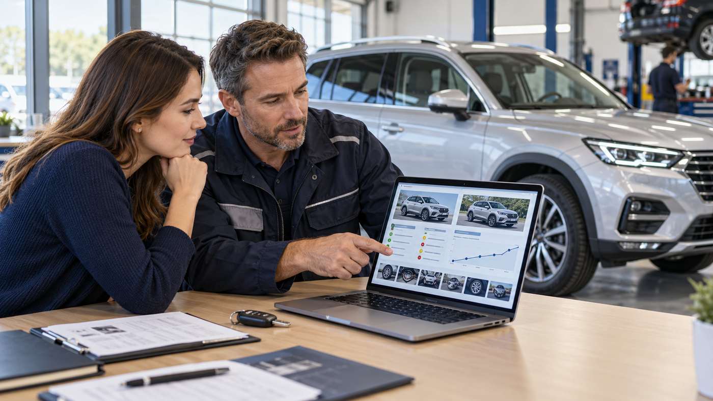 Buyer and vehicle inspector comparing car history reports beside a silver SUV.
