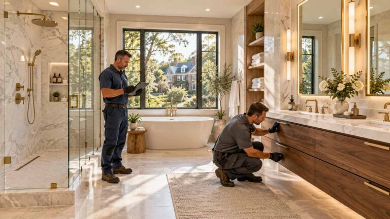 Bathroom remodeling in Richmond VA featuring a modern walk-in shower, double vanity and luxury fixtures