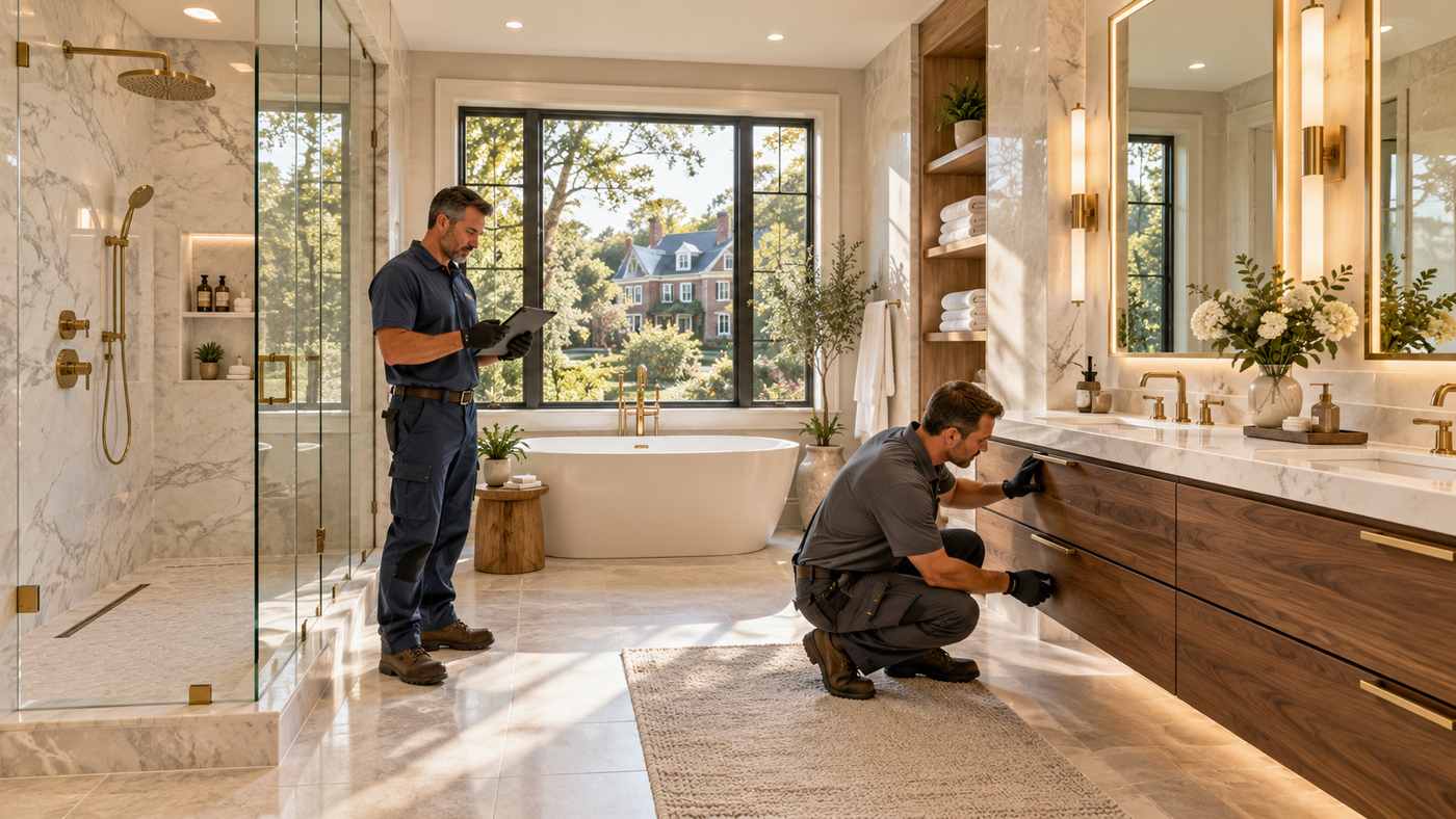Bathroom remodeling in Richmond VA featuring a modern walk-in shower, double vanity and luxury fixtures