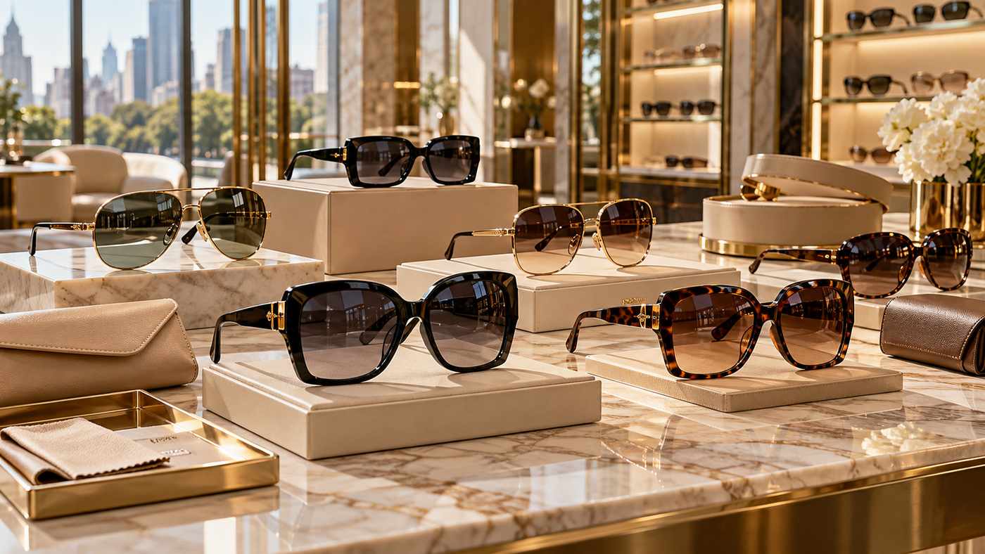 Luxury designer sunglasses collection featuring elegant acetate frames, gold metal eyewear, and fashionable tinted lenses