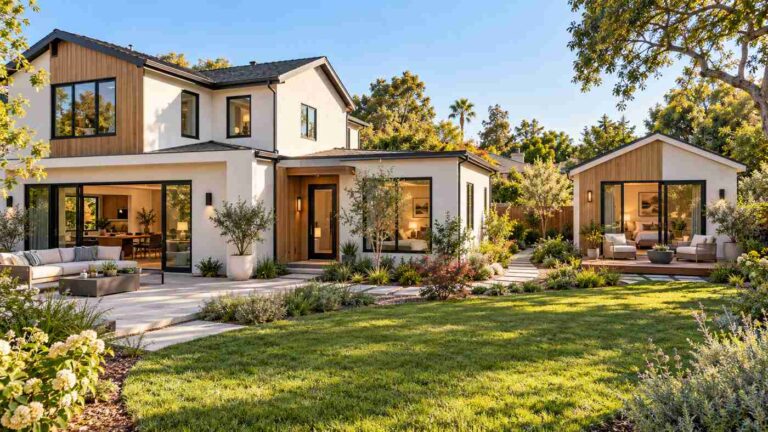 Contemporary home with an attached ADU and a separate backyard cottage.