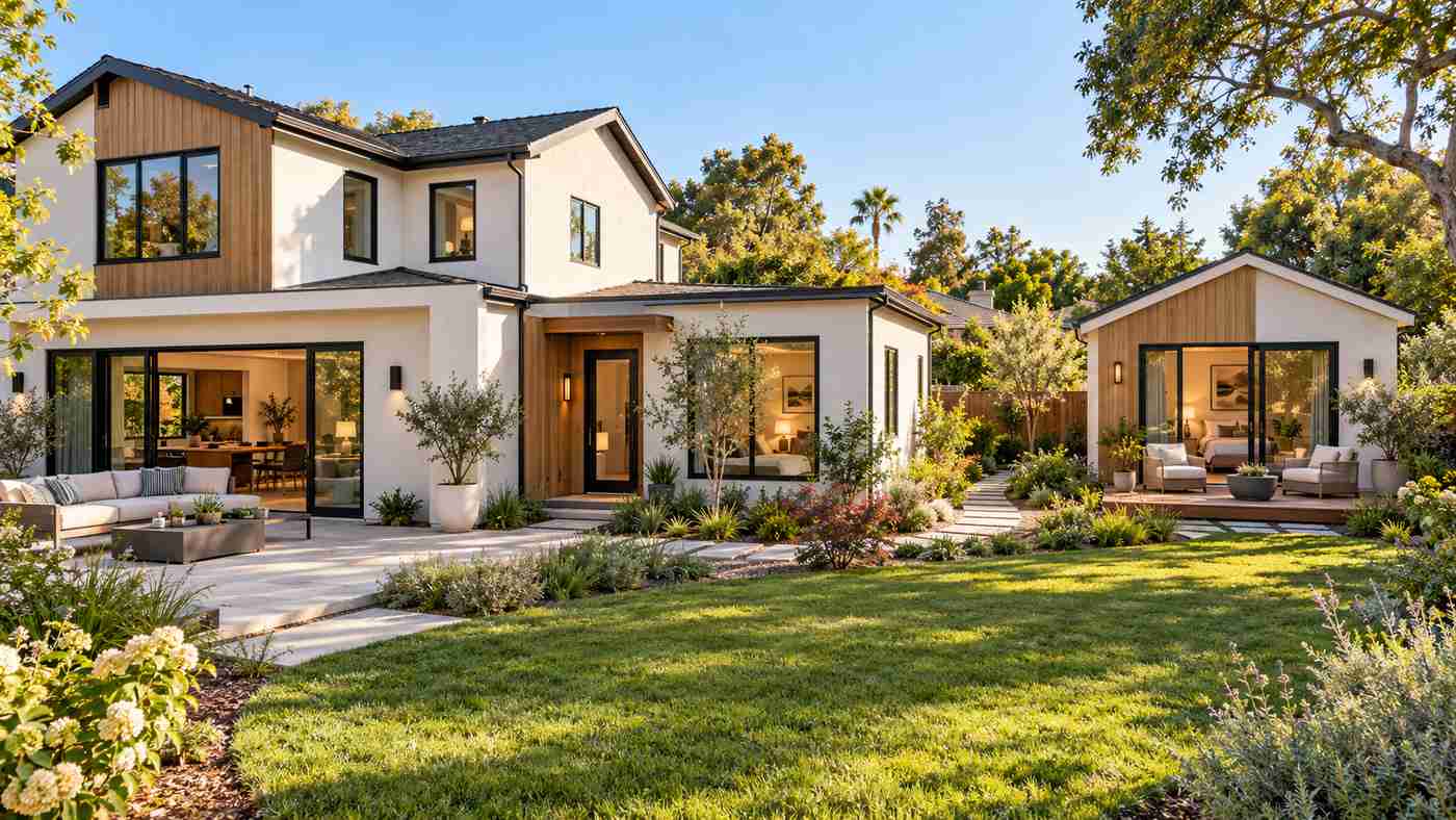 Contemporary home with an attached ADU and a separate backyard cottage.