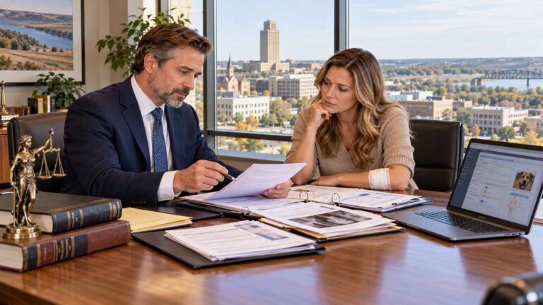 Bismarck Dog Attack Attorney reviewing medical reports and dog bite injury documents with a client during a professional legal consultation.