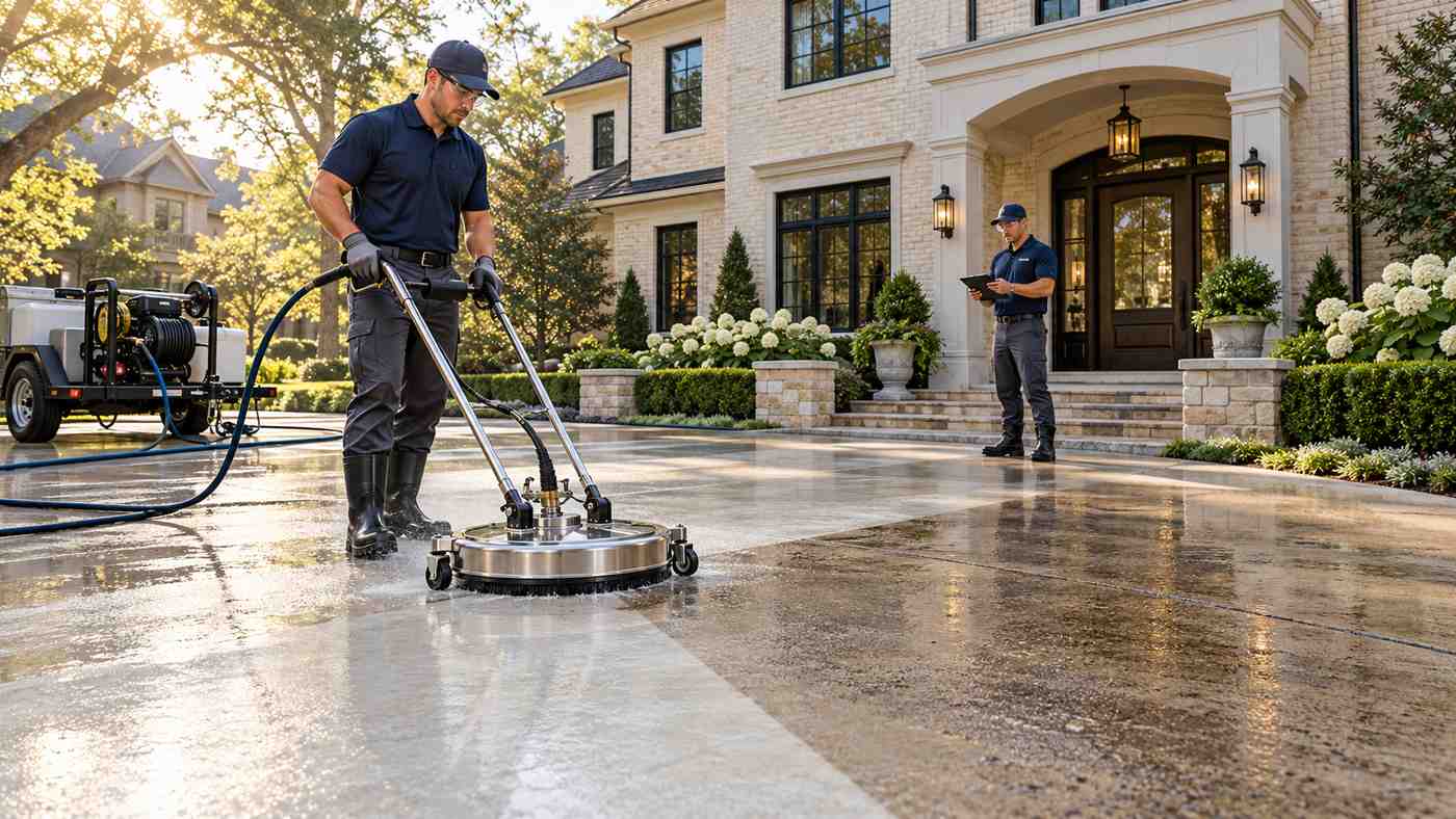 Professional pressure washing technician cleaning a concrete driveway at a luxury American home