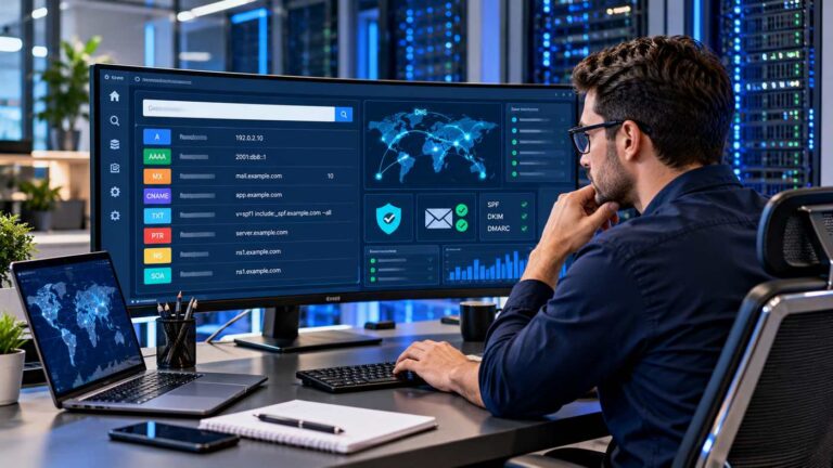 IT specialist checking domain DNS records on a desktop monitor.