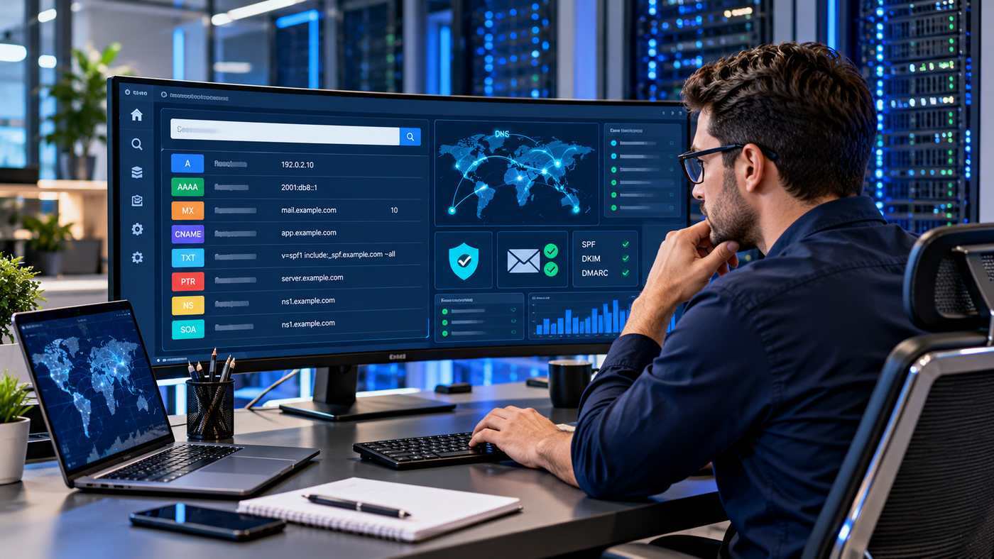 IT specialist checking domain DNS records on a desktop monitor.