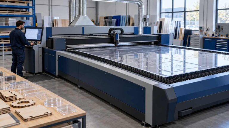Large-format laser cutting equipment with acrylic sheets in a fabrication workshop.
