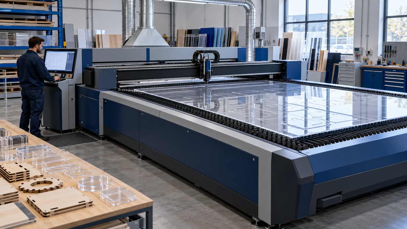 Large-format laser cutting equipment with acrylic sheets in a fabrication workshop.