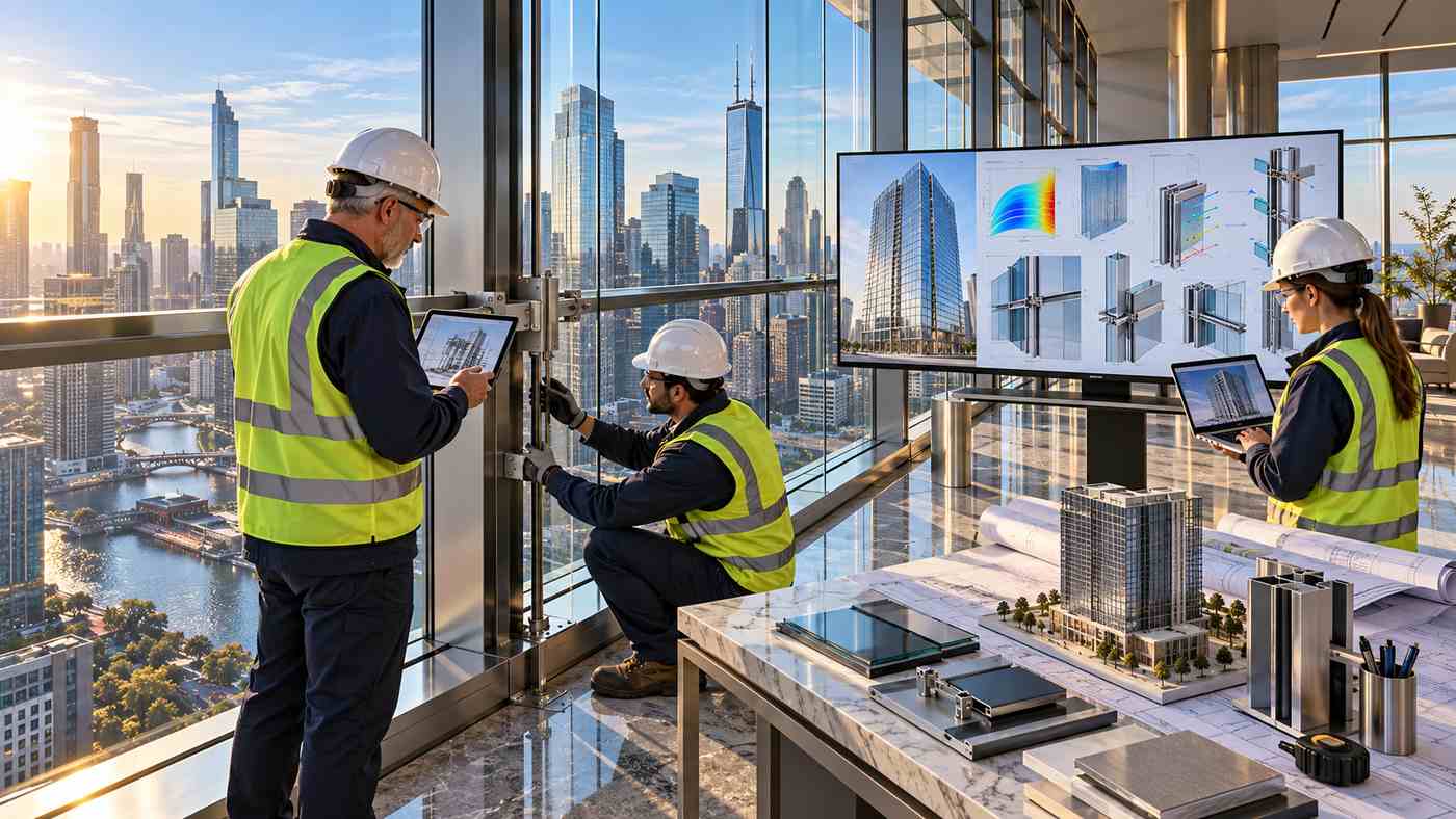 Glass curtain wall system with modern aluminium framing and engineers inspecting a commercial building facade