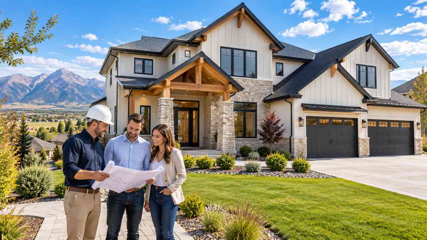 Custom home builder Idaho Falls discussing architectural plans with homeowners outside a newly built luxury modern farmhouse.