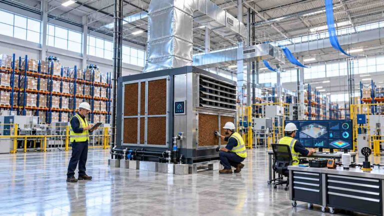 Industrial evaporative air cooler with HVAC engineers inspecting warehouse cooling equipment