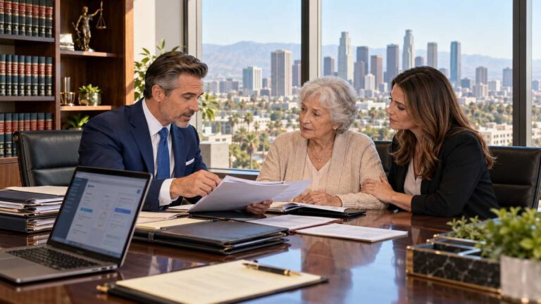 Los Angeles nursing home abuse lawyer reviewing elder neglect documents with an elderly resident and her daughter during a legal consultation