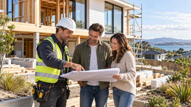 New Zealand builder reviewing house plans with homeowners at a residential construction site.