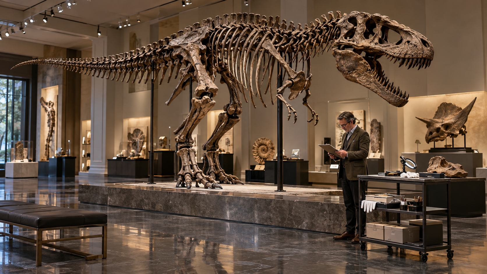 Dinosaur skeleton for sale displayed in a fossil gallery