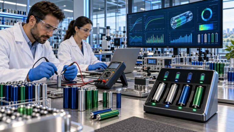 NiMH Battery cells and smart rechargeable battery charger inside a modern electronics testing laboratory