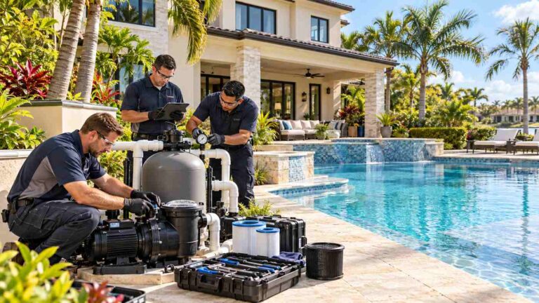 Pool repair service in Orlando inspecting swimming pool pumps, filters and plumbing at a luxury Florida home