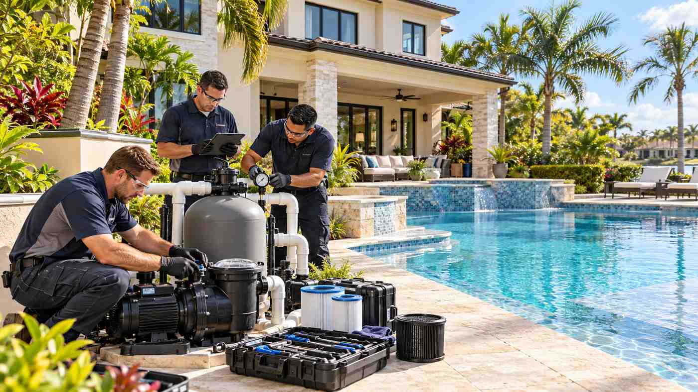 Pool repair service in Orlando inspecting swimming pool pumps, filters and plumbing at a luxury Florida home
