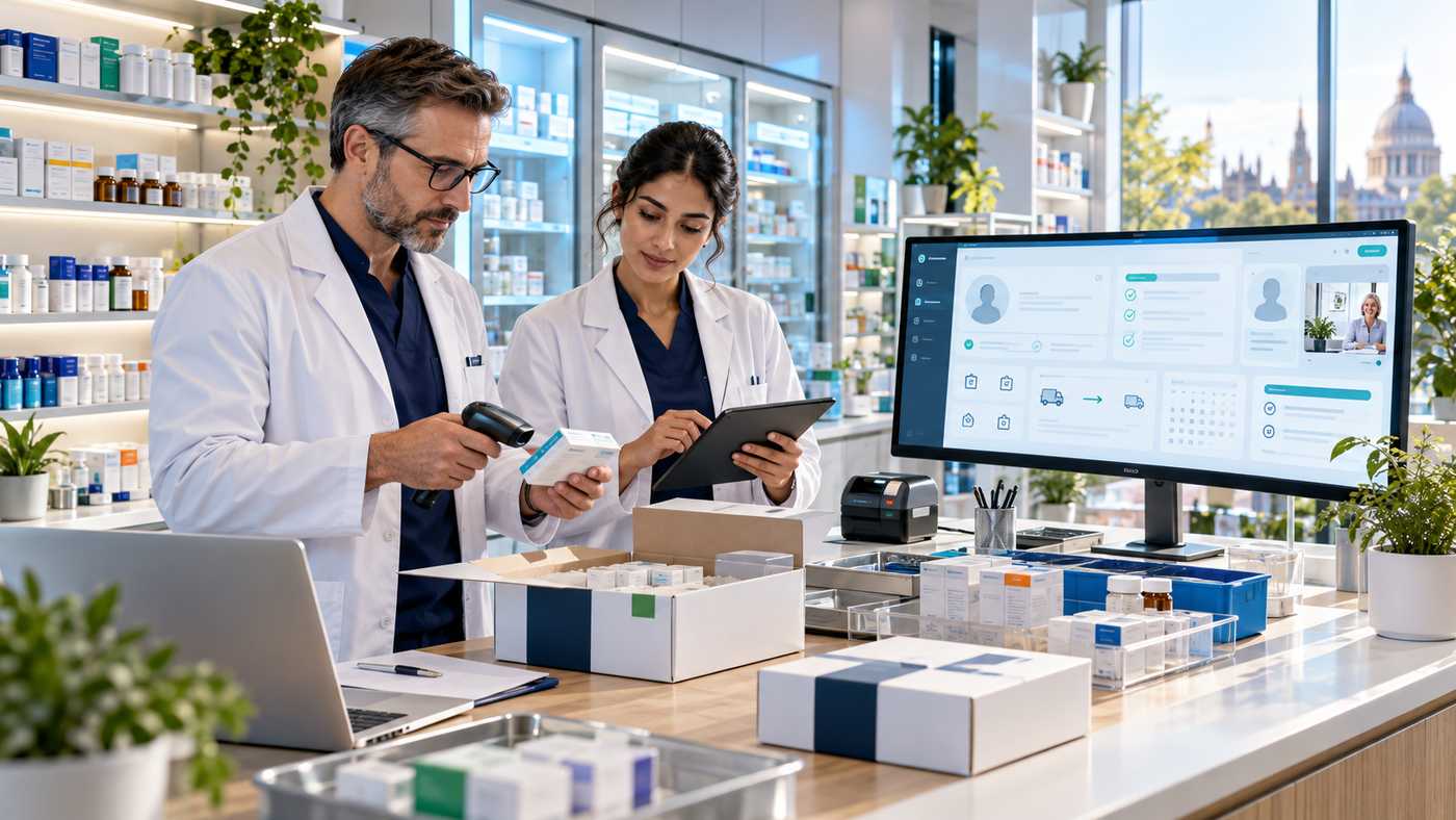 Post My Meds online pharmacy with professional pharmacists reviewing prescriptions and preparing UK medicine delivery