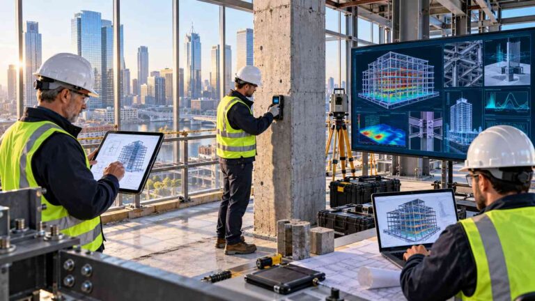 Structural integrity assessment by professional engineers inspecting reinforced concrete and steel building components