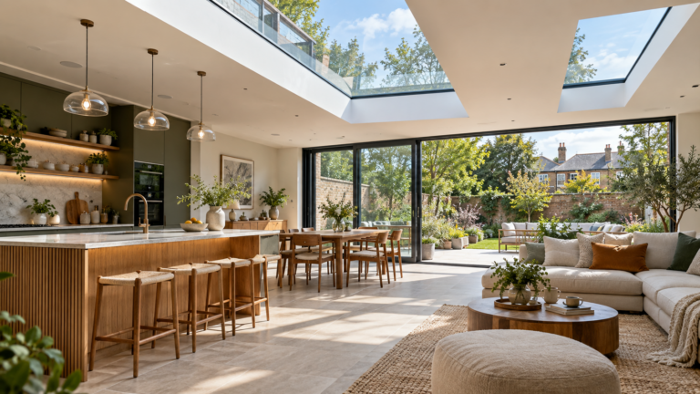 Renovation flat roof skylights in a modern home extension