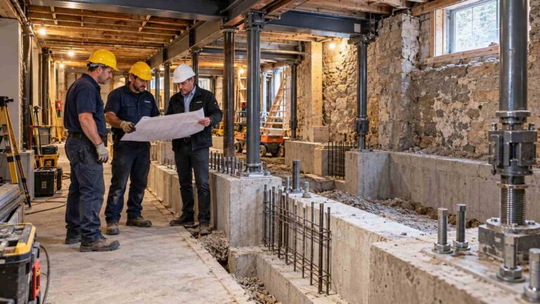 Basement underpinning Toronto contractors and structural engineer inspecting concrete foundation reinforcement during basement lowering work.