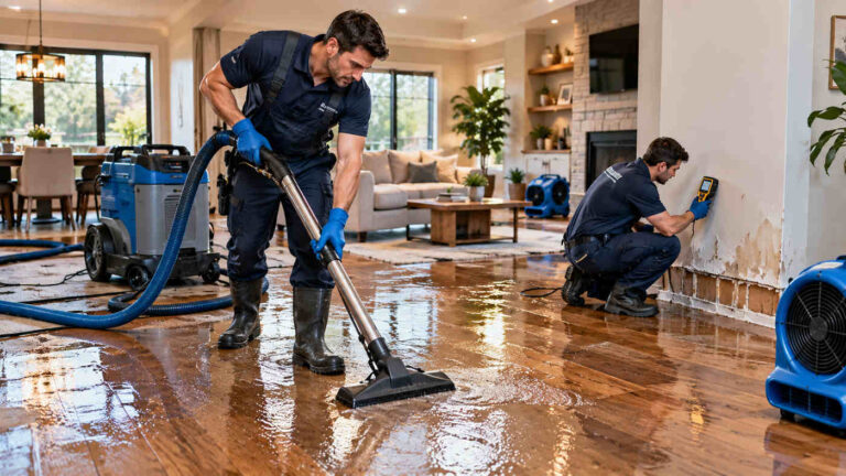 Professional water damage mitigation technicians removing standing water and inspecting moisture damage inside a flooded residential property.