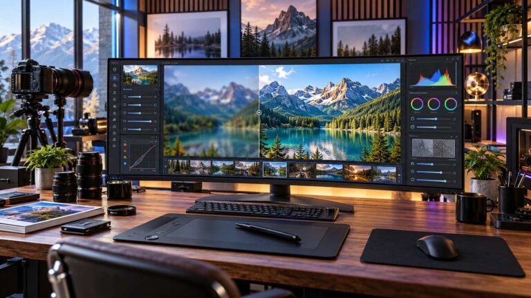 AI photo enhancer showing before and after image sharpening and upscaling on a professional editing monitor