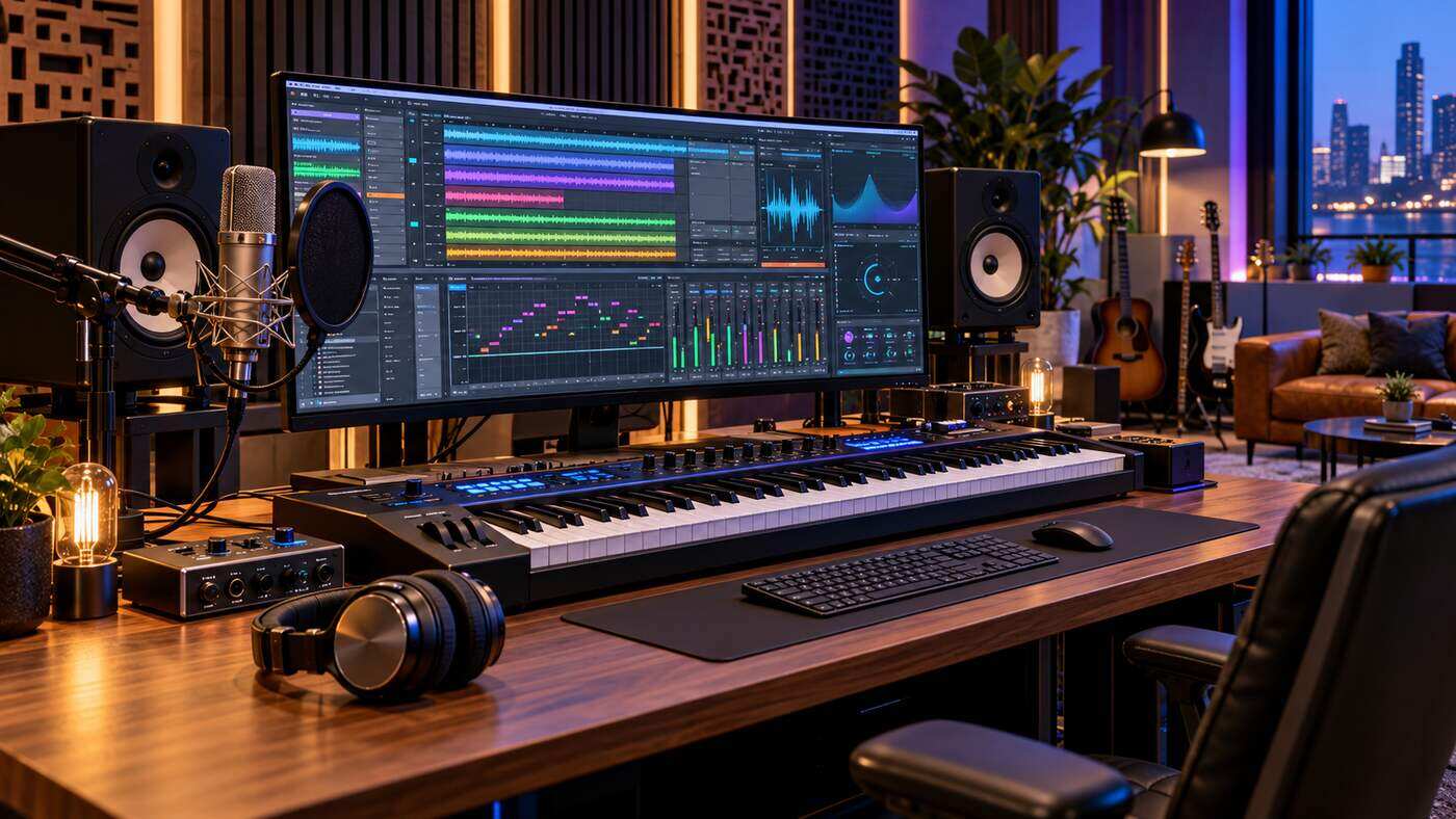 AI Song Maker App music production studio with digital audio waveforms and professional recording equipment