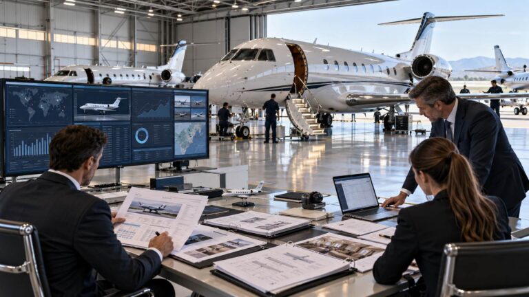Aircraft valuation analysts reviewing real market intelligence