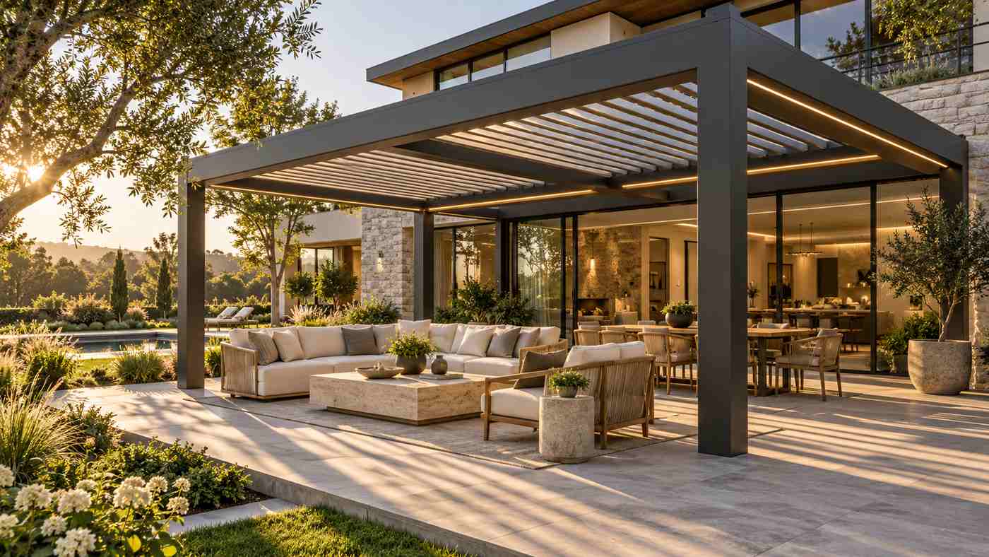 Modern aluminum pergola with adjustable louvers and luxury outdoor patio furniture