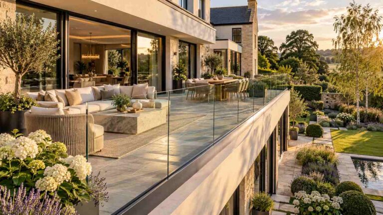 Modern frameless glass balustrade on a luxury British residential terrace