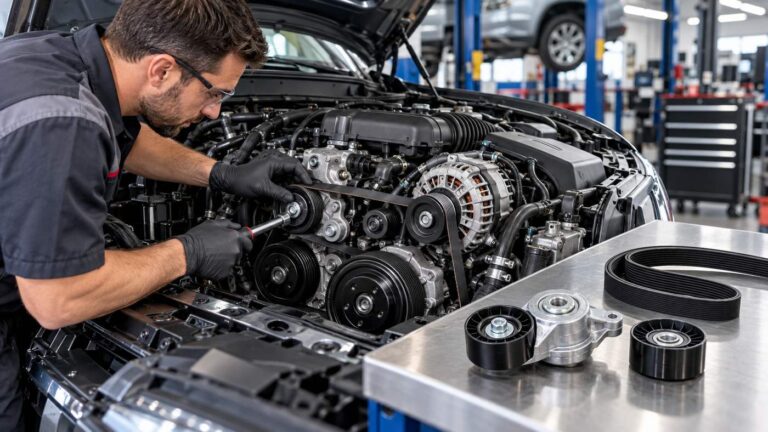 Mechanic inspecting a belt tensioner and serpentine belt